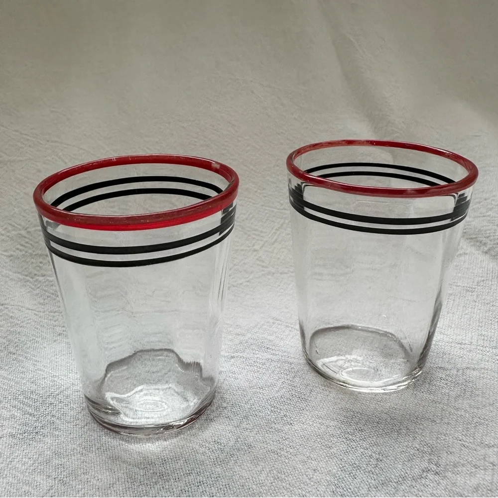 Vintage Nostalgic 1960s Era Matched Red & Black Banded Pair Clear Shot Glasses